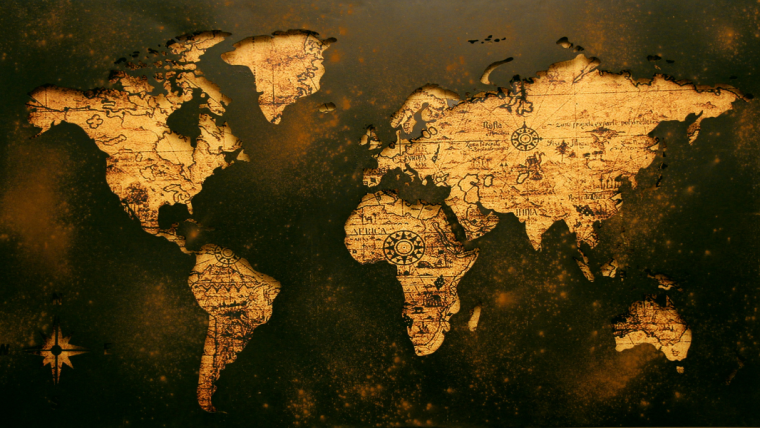 Antique sepia world map against a mottled dark background
