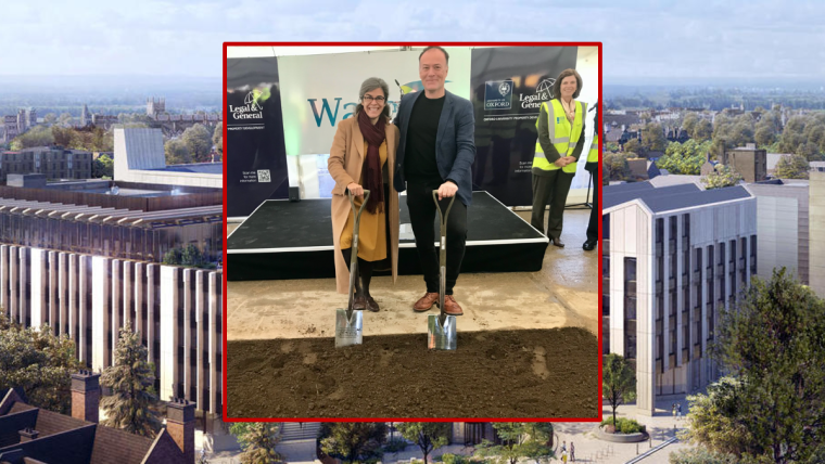 Photo of Kia and Nick Coulson holding shovels at ground breaking ceremony for the Life and Mind Building. Aerial view of proposed building is in the background.