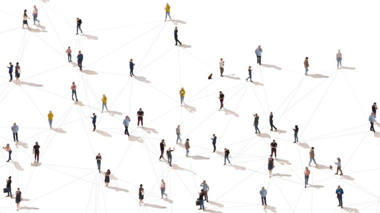 Aerial view of a crowd of people connected by lines